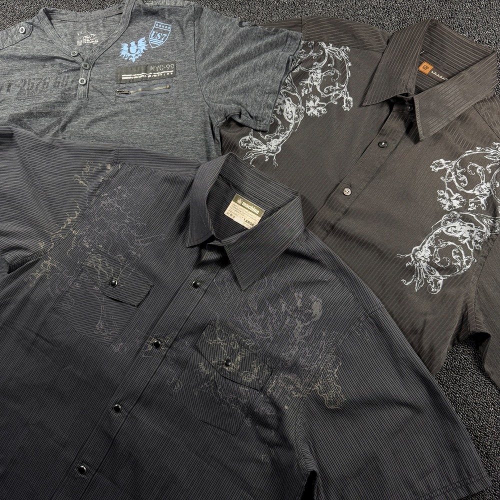 Bundle of 3 Goth Shirts Men's Large Machine Level 10 Helix Tribal Print Military